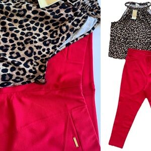 Michael Kors Bundle of2 Halter Top Blouse Sleeveless Animal Print & Red Pants XL